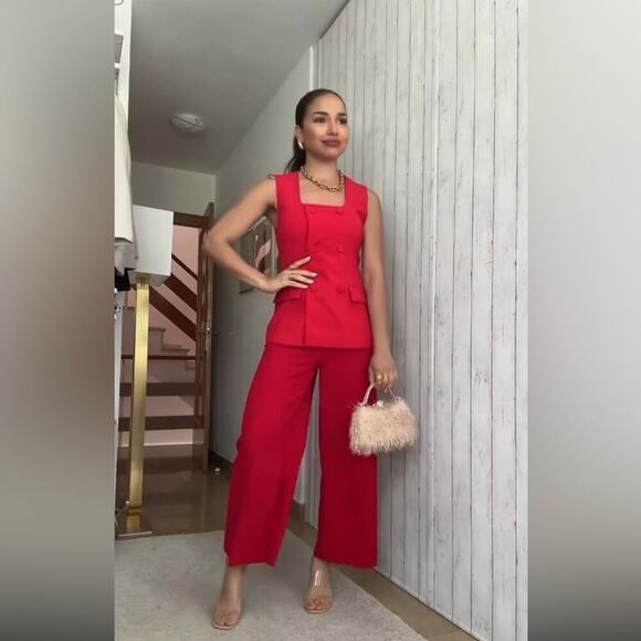 Zara RED WIDE LEG CROPPED PANTS - Picture 2 of 14